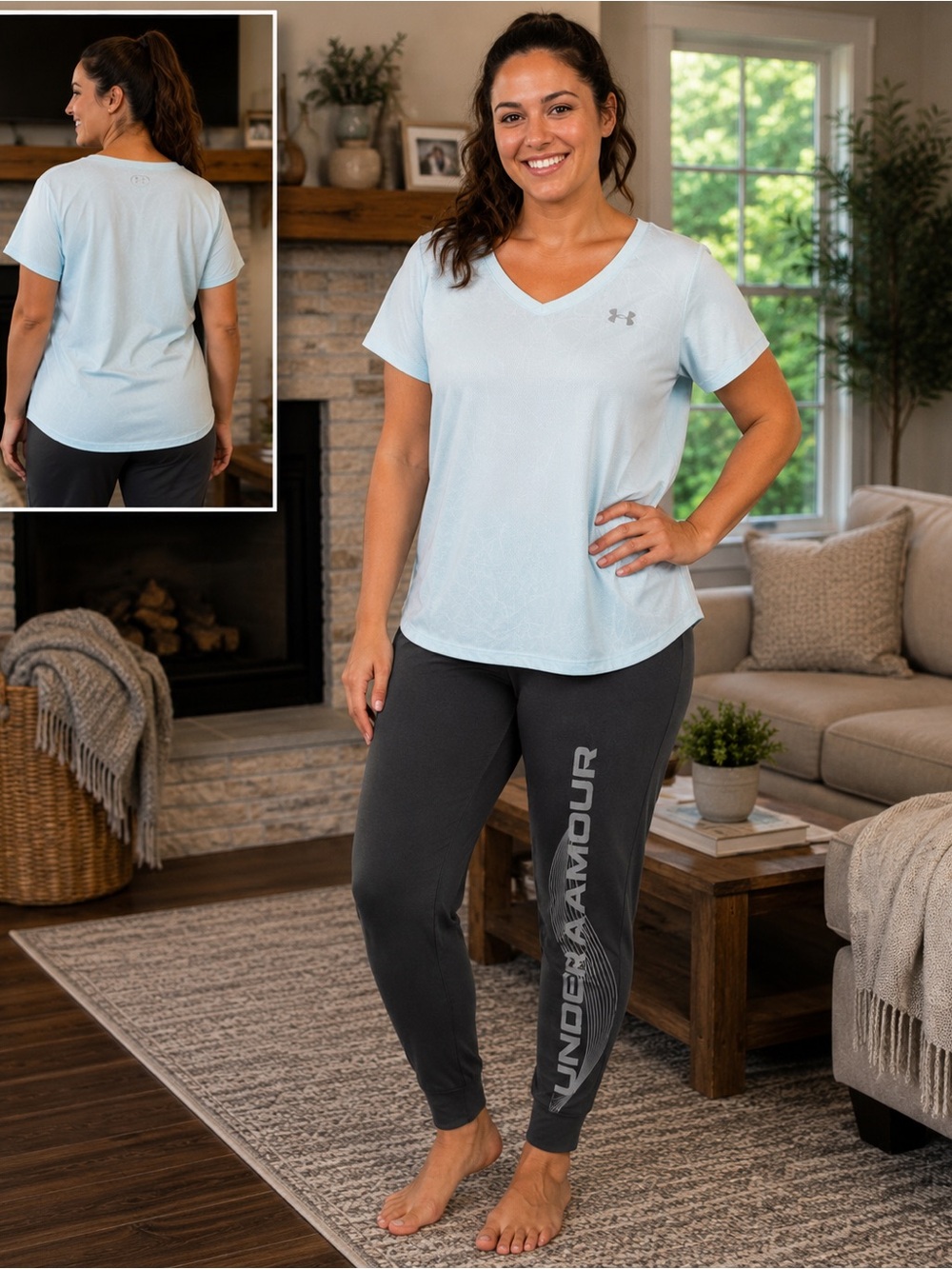 Under Armour Women's Light Blue V-Neck Performance Tee with black leggings
